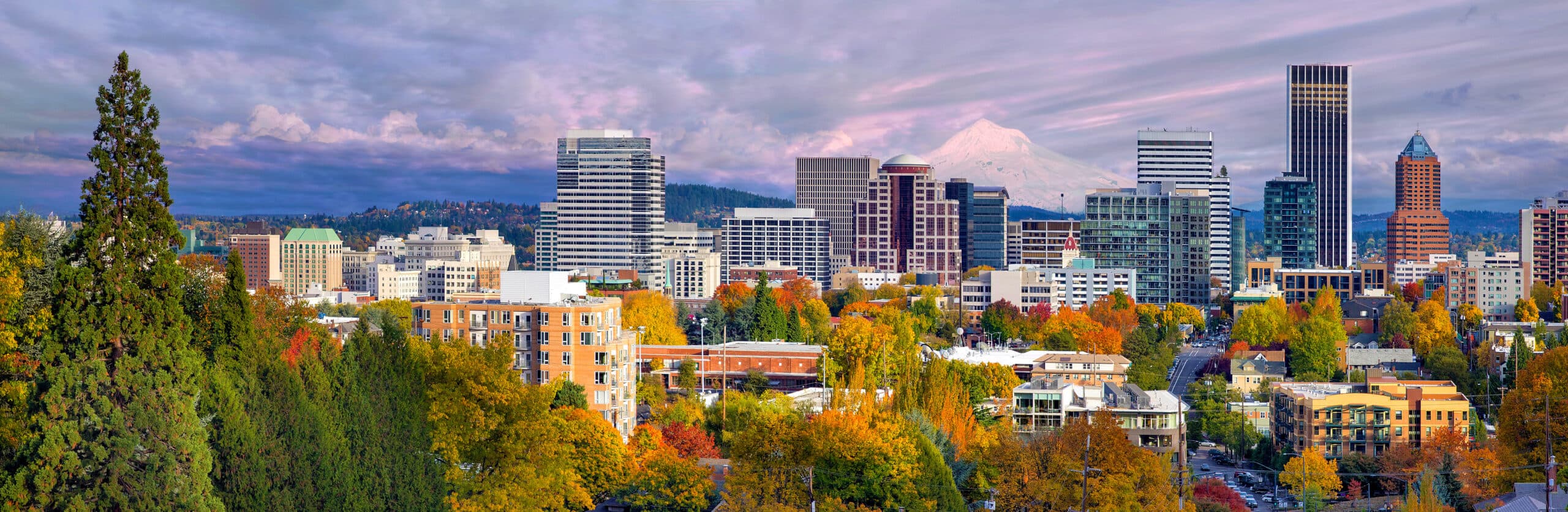Aerial view of Portland Oregon's Downtown Skyline with Mt Hood in the background.