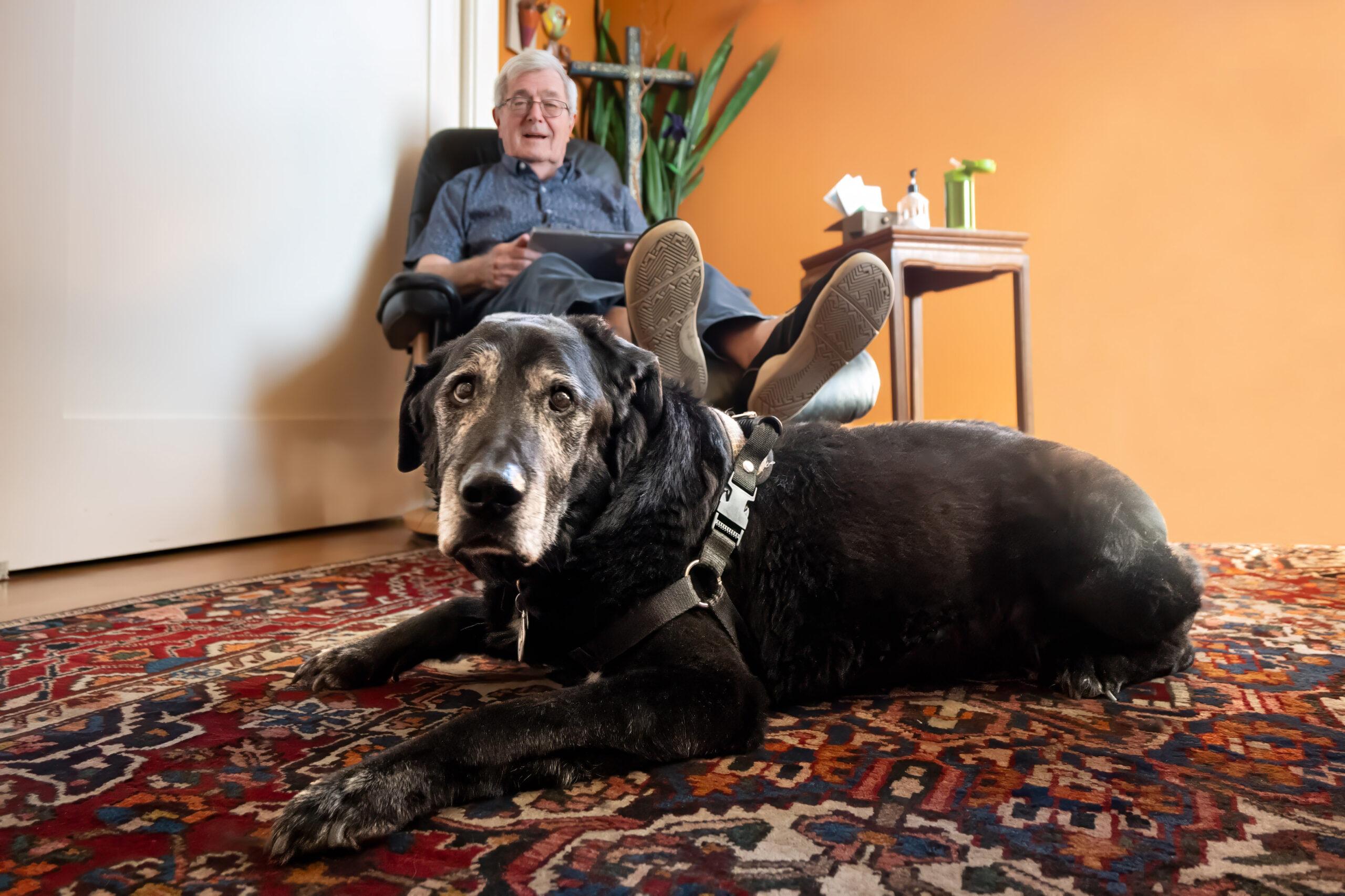 A dog looks into the camera in the foreground. In the background, a man stretches out in a recliner and looks at the dog.